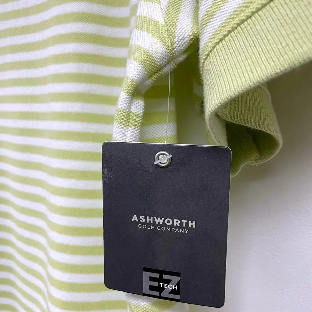 Ashworth Polo Shirt Men's Large Green Activewear Golf EZ Tech Striped NWT